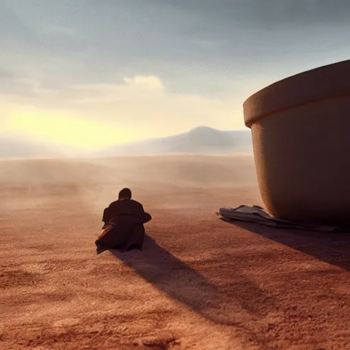 Image similar to a priest sleeping in a large clay pot, foggy, sun rays, cinematic shot, photo still from movie by denis villeneuve, unreal engine 5