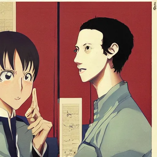 Image similar to anime joseph goebbels and mark zuckerberg by hasui kawase by richard schmid