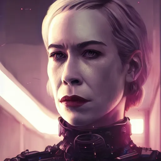 Prompt: sara paulson portrait, dystopia core, apocalyptic, armor, warrior, dramatic, sharp focus, fiction, neon, fantasy, hyper detailed, digital art, trending in artstation, cinematic lighting, studio quality, smooth render, unreal engine 5 rendered, octane rendered, art style and nixeu and wlop and krenz cushart