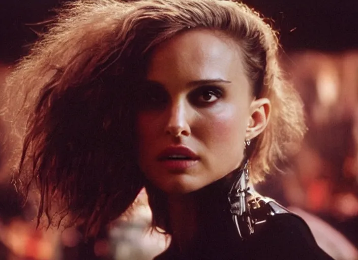 Image similar to promotional image of natalie portman as a british punk rocker in the 80s, rugged black clothes, dyed short hair, tatoos, detailed face, movie still frame, promotional image, imax 70 mm footage