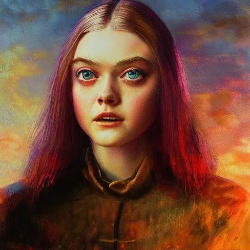 Image similar to ultra realistic medium shot masterpiece portrait painting of elle fanning in the painted world of prey and bruce pennington, apocalypse, cosmic horror, artstation, art by frank frazetta, 4 k, ultra realistic, highly detailed, epic lighting