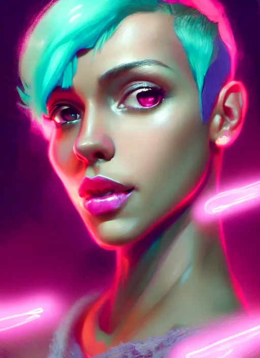 Image similar to portrait of vanessa morgan with bright pink hair, curly pixie cut hair, wearing a purple cap, intricate, elegant, glowing lights, highly detailed, digital painting, artstation, concept art, smooth, sharp focus, illustration, art by wlop, mars ravelo and greg rutkowski