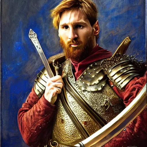 Prompt: attractive lionel messi as attractive king arthur pendragon, natural lighting, high quality, very detailed painting, by gaston bussiere, donato giancola, j. c. leyendecker