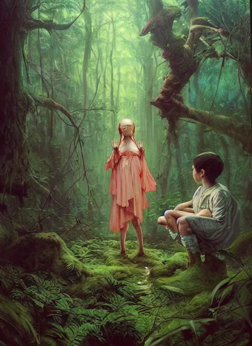 Image similar to bubblegum in the woods by a stream, river gorgeous lighting, lush forest foliage blue sky a hyper realistic painting by chiara bautista and beksinski and norman rockwell and greg rutkowski, tom bagshaw weta studio, and lucasfilm