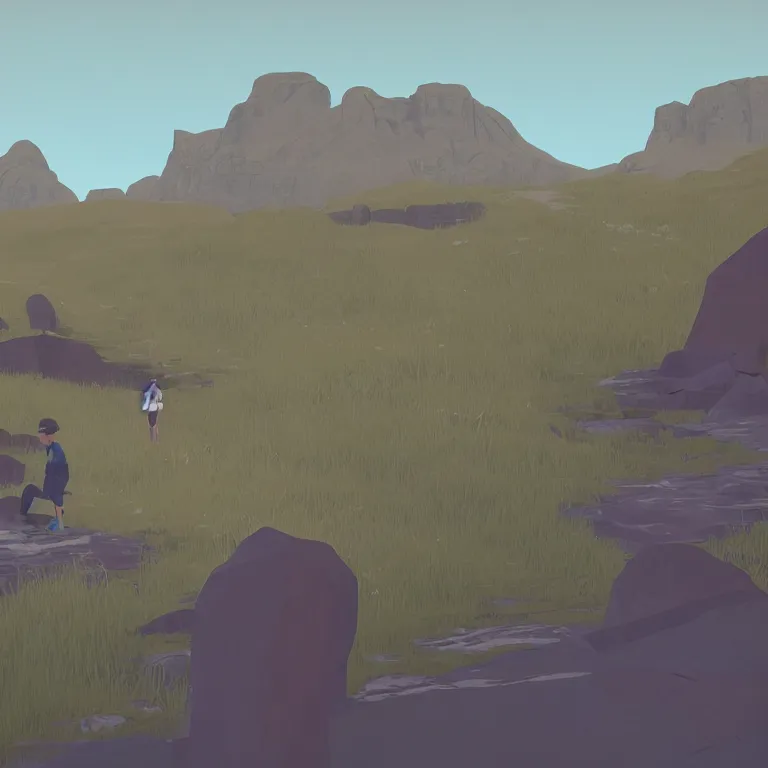 Prompt: Hiking in the Scottish Highlands. A still from Kentucky Route Zero.