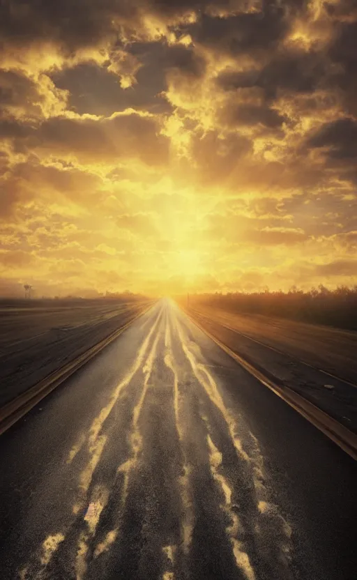 Image similar to paperback book cover. 1 9 7 0 s. pure colors, melting clouds, accurately drawn details, a sunburst above a receding road with the light reflected in furrows and ruts, after rain. photorealistic. octane render. cinematic. trending on artstation. textless.