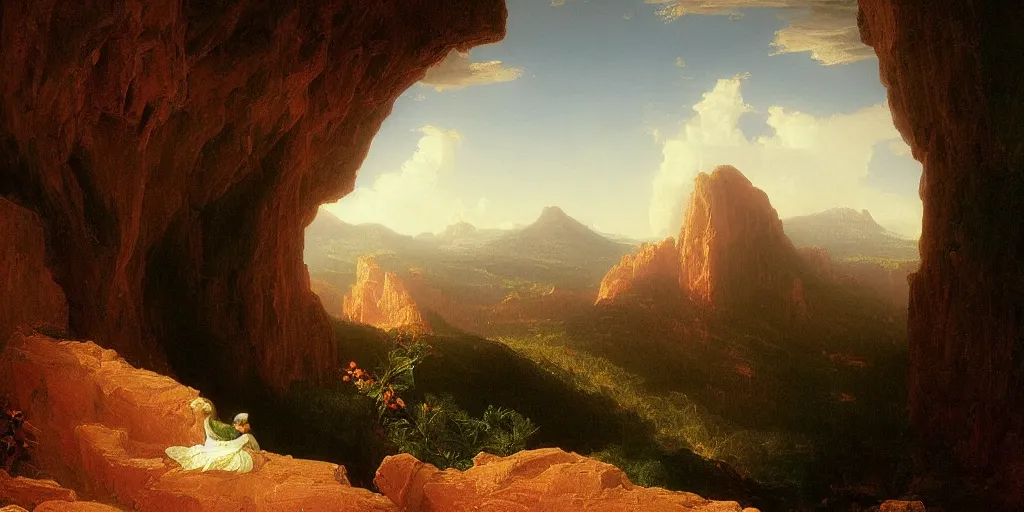 Image similar to very detailed and perfectly readable fine and soft relevant out of lines soft edges painting by thomas cole in hd, red mountains, nice lighting, perfect readability