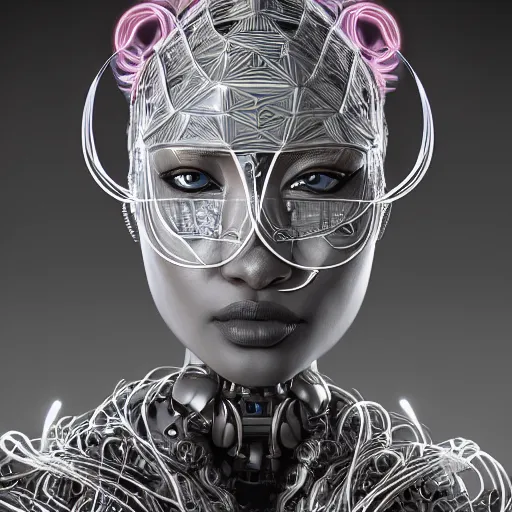 Image similar to portrait of an absurdly beautiful, graceful, sophisticated, fashionable african cyberpunk mechanoid gravure idol, ultrafine hyperdetailed illustration by irakli nadar, matt wisniewski style, marvel comics, intricate linework, porcelain skin, neon jellyfish headdress, ivory carved ruff, unreal engine 5 highly rendered, global illumination, radiant light, detailed and intricate environment