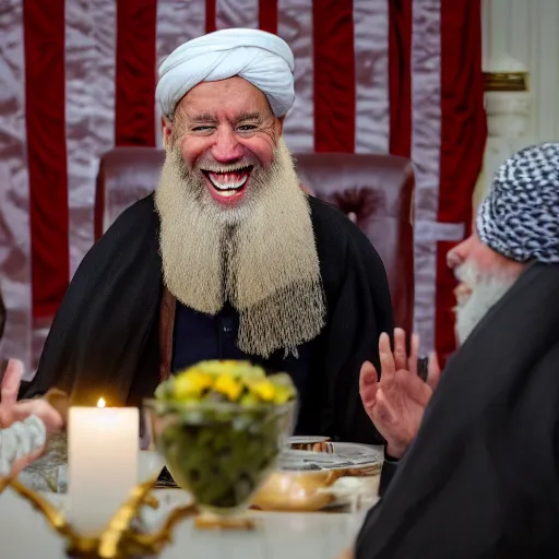 Image similar to 4 k hdr portrait wide angle photo of president joe biden as a taliban muslim leader with a beard laughing at a dinner table meeting surrounded by taliban terrorist leaders