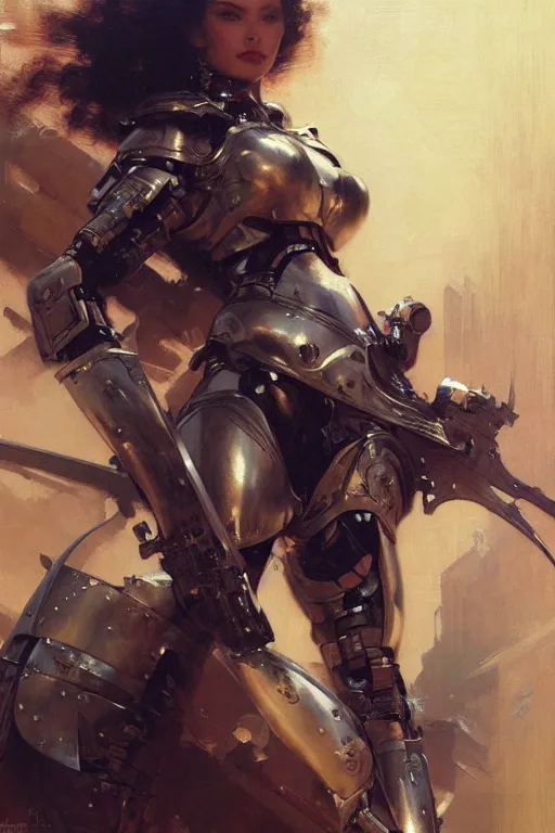 Image similar to futuristic women with medieval armor cyborg fighting dynamic poses, holding a gunsword, detail, beautifull face, no blur, painting by gaston bussiere, craig mullins, greg rutkowski, yoji shinkawa, sorayama