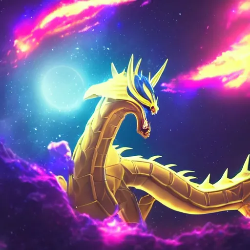 Image similar to aurelion sol dragon in the cosmos staring at the viewer, ultra realistic 4 k render with ray tracing