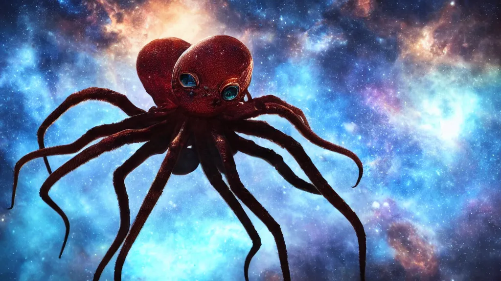 Image similar to spider octopus hybrid on a planet. close bottom view. whole body. nebula background. cinematic composition. cinematic lightning. ultra realistic. 8 k. highly detailled. deep space. ultra realistic details. cinematic atmosphere. studio lighting. shadows. dark background.