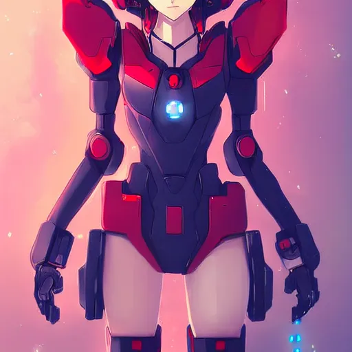 Prompt: digital anime art, cute mech girl wearing a red mech suit. blue eyes. wlop, rossdraws, sakimimichan