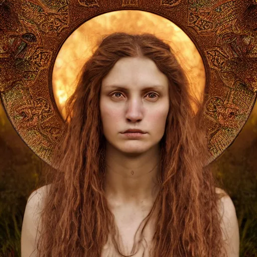Prompt: photo portrait of a beautiful pagan female, depth of field, zeiss lens, detailed, symmetrical, centered, by edward robert hughes, annie leibovitz and steve mccurry, david lazar, jimmy nelsson, breathtaking, 8 k resolution, extremely detailed, beautiful, establishing shot, artistic, hyperrealistic, beautiful face, octane render