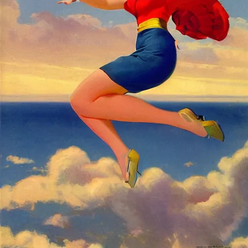 Prompt: a painting of a woman jumping in the air, a storybook illustration by gil elvgren, cgsociety, socialist realism, storybook illustration, american propaganda, soviet propaganda