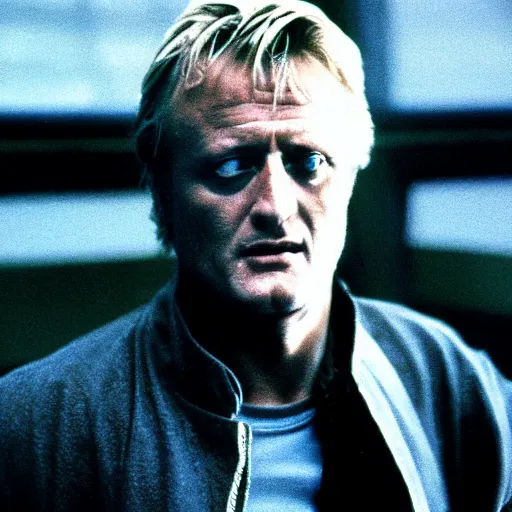 Image similar to rutger hauer, 1 9 8 7, dark room, blue, movie still