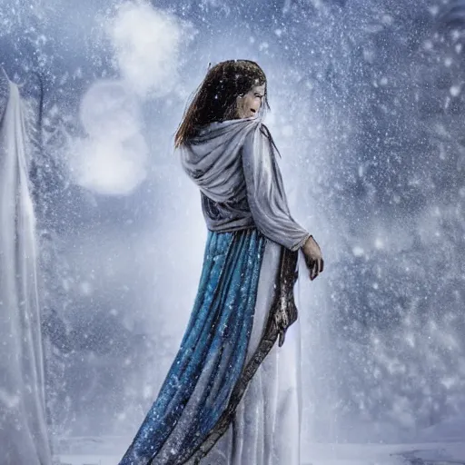 Prompt: tall female angel, flowing robes, shroud, veil, ornate armor, standing on a snowy ruined temple