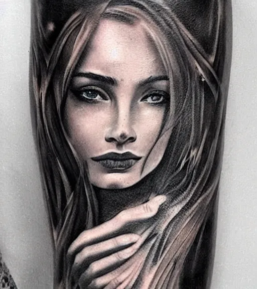 Image similar to tattoo design sketch of a beautiful woman face with a faded background of beautiful mountains and nature on her side, hyper - realistic, in the style of den yakovlev, amazing detail, black and white