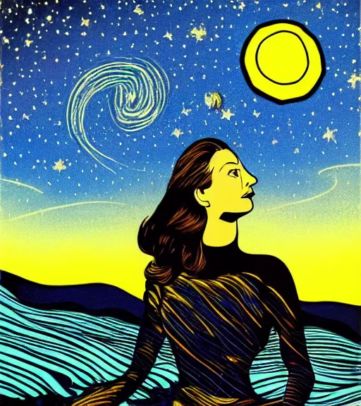 Prompt: A beautiful woman in a starry night by salvador dali, Roy Lichtenstein, detailed illustration, octane, trending on ArtStation