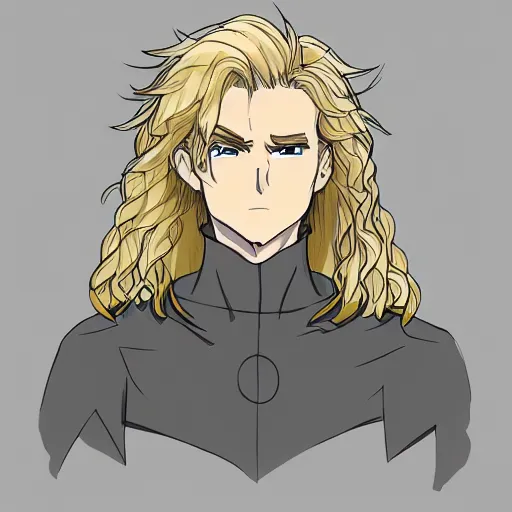 Image similar to concept art of a man with blond wavy hair, anime style