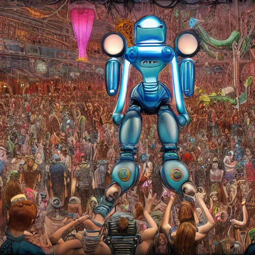 Image similar to intricate detailed artwork of a futuristic robot controlling thousands of beautiful female ravers, full frontal views, in the style of Geof Darrow, steampunk, fully filled out women, torn clothing, bikinis, ultra hd, 8k, redshift render, pixar