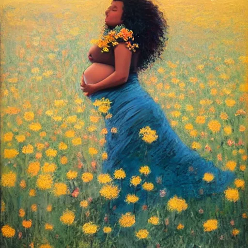 Image similar to pregnant east african woman with curly hair in a vast field of flowers, laying down, looking into the distance, with a tiny black puppy running around the field, golden hour, vintage, impressionist painting, fine art, oil painting, dreamy, pastel, laughing, happy, intricate details, sharp, peaceful, serene