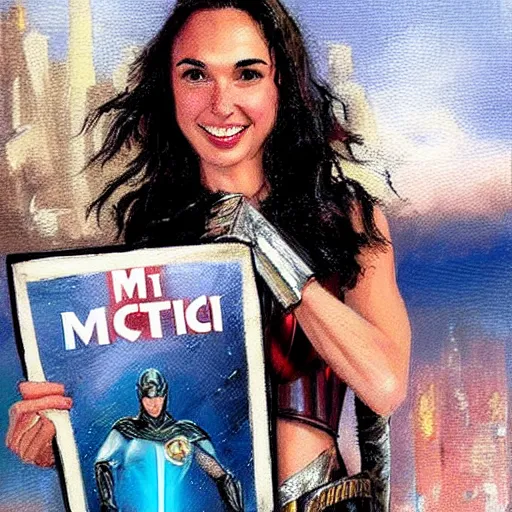 Image similar to Gal Gadot holding a sign that says M I T C H I E P O O !!!! as painted by Ralph Horsley