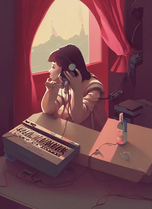 Prompt: poster artwork by Michael Whelan, Bob Larkin and Tomer Hanuka, Karol Bak of musical hero Bjork, sitting at her laptop, recording a new song, simple illustration, domestic, nostalgic, from scene from ghibli, clean