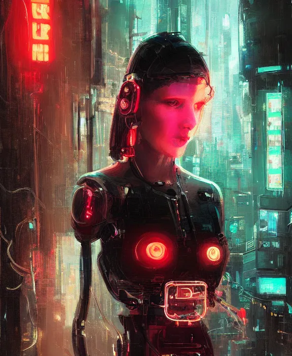 Prompt: portrait of cute female robot, wires, neon lights, striking eyes, cyberpunk, highly detailed painting by jeremy mann and cd projekt red