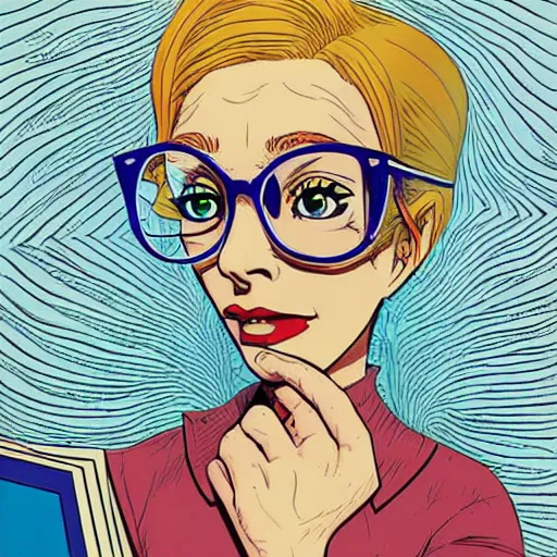 Prompt: a beautiful woman wearing glasses reading a book, art by josan gonzalez and jamie hewlett