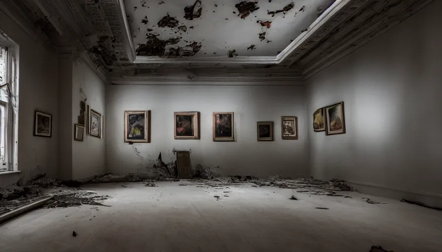 Prompt: dramatic photo of abandoned art gallery full of art canvases and photos of landscapes covering the walls, robots in the room painting and admiring the photos, cinematic lighting, wide angle, servers