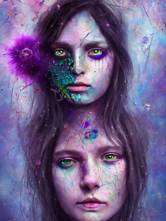 Image similar to art portrait of space decaying girl with purple eyes, with flower exploding out of head,8k,by tristan eaton,Stanley Artgermm,Tom Bagshaw,Greg Rutkowski,Carne Griffiths,trending on DeviantArt,face enhance,hyper detailed,minimalist,cybernetic, android, blade runner,full of colour