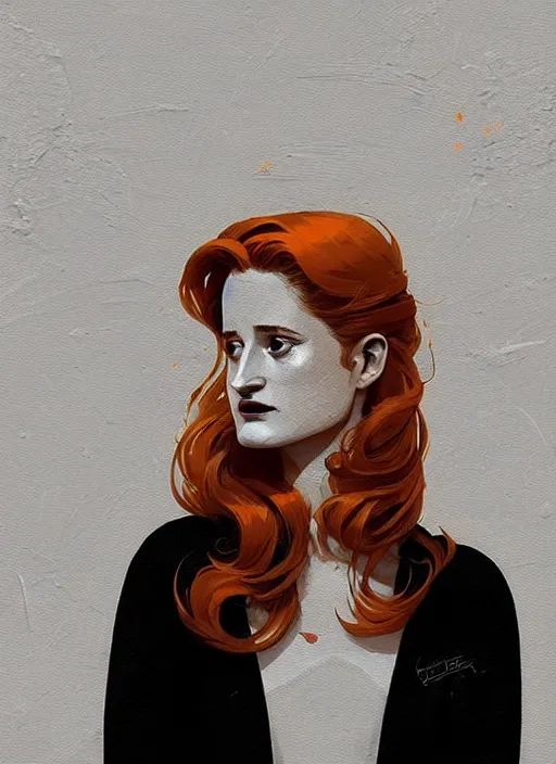 Prompt: highly detailed closeup portrait of beautiful moody grace gummer as dom dipierro, wavy ginger hair, by atey ghailan, by greg rutkowski, by greg tocchini, by james gilleard, by joe fenton, by kaethe butcher, gradient orange, black and white color scheme, grunge aesthetic!!! ( ( graffiti tag wall background ) )