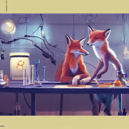 Image similar to A fox doing science, humanoid fox at a science table, chemicals, by Stanley Artgerm Lau, WLOP, Rossdraws, James Jean, Andrei Riabovitchev, Marc Simonetti, and Sakimichan, trending on artstation