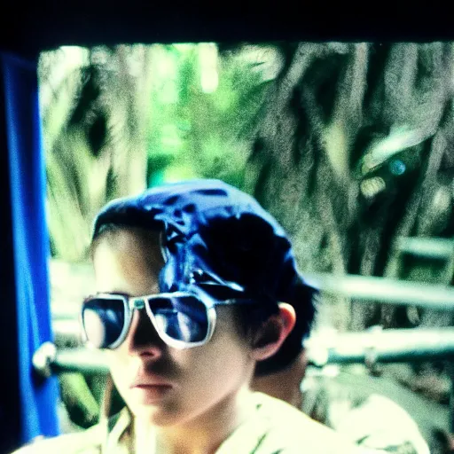 Prompt: film still, extreme far view, lana del rey, jungle, vietnam door gunner, apocalypse now, associated press,, 2 6 mm, kodak ektachrome, blue tint expired film