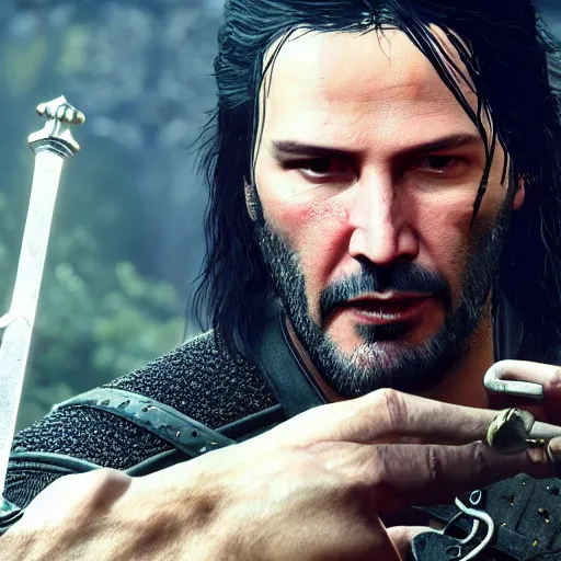 Image similar to keanu reeves in the witcher 3 4 k detailed super realistic