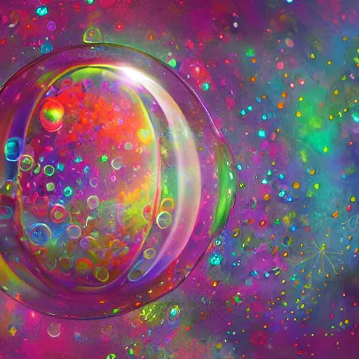 Image similar to portrait of magical mystery tour, dreamy and ethereal, fantasy, intricate, elegant, rainbow bubbles, highly detailed, digital painting, concept art, smooth, sharp focus, illustration