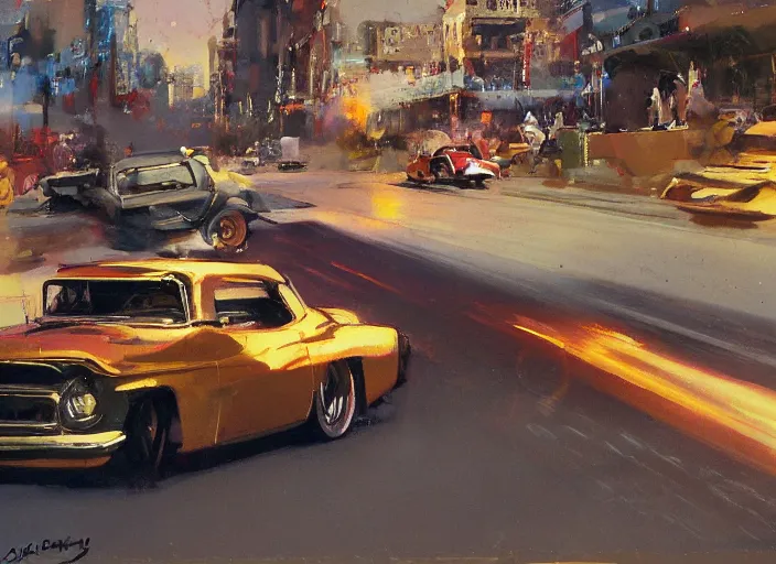 Image similar to hotrods driving down a street , vintage, high detail, golden hour, 8K, by John Berkey