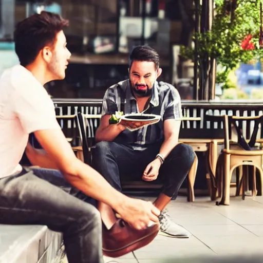 Image similar to a man sitting outside a restaurant with his tv, friend is angry,