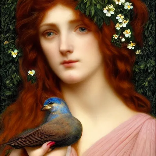 Image similar to Beautiful Pre-Raphaelite goddess of nature holding a little bird, in the style of John William Godward and Anna Dittman, close-up portrait, head in focus, flowers and plants, etheric, moody, intricate, mystical,