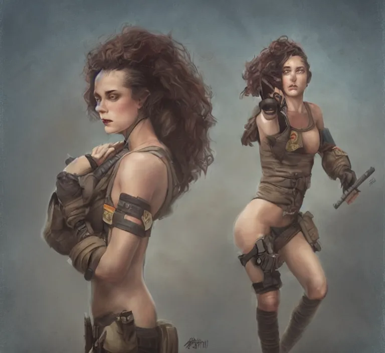 Prompt: a rugged female marine in the style of tom bagshaw