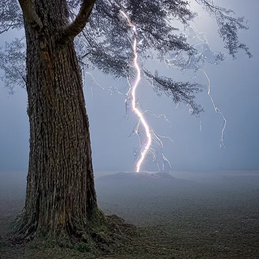 Prompt: a photograph of a tree lightening