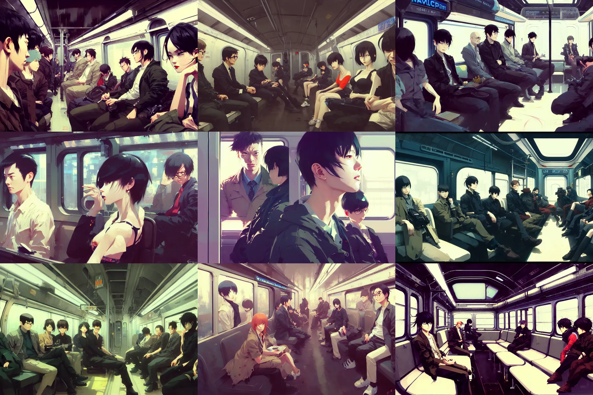 Prompt: hyper - realistic portrait of subway car interior, extreme detail, in style of ilya kuvshinov, pan ren wei, mansik yang, yoji shinkawa, atey ghailan, by greg rutkowski, by greg tocchini, by james gilleard, by joe fenton, by kaethe butcher, anime aesthetic