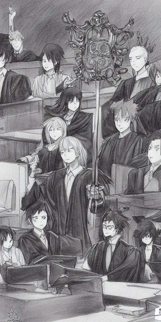 Prompt: powerful anime judge with a magic gavel, in a court room with a scale on his desk, drawn by a famous anime artist, high quality, fine lines, amazing detail