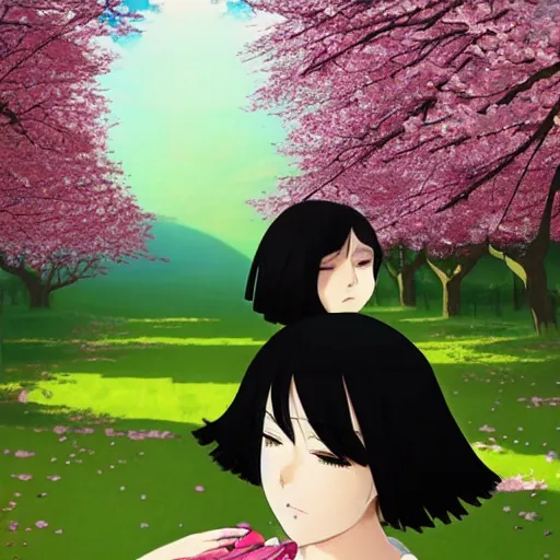 Image similar to anime key visual of a woman with short green hair wearing a black saree meditating near a japanese spring surrounded by cherry blossom trees by ilya kuvshinov and satoshi kon