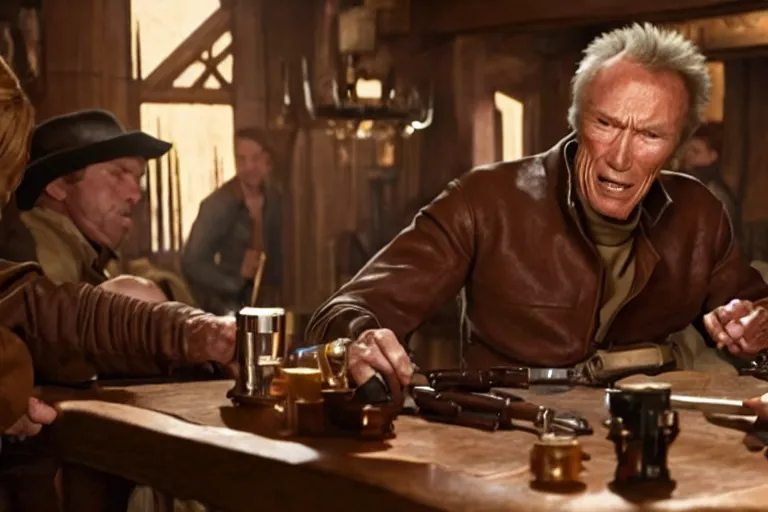 Prompt: film still of clint eastwood aiming a colt in tavern scene in new star wars 4 k