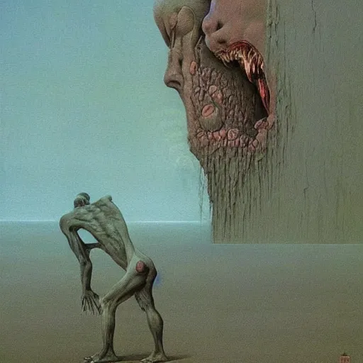 Image similar to horrifying creatures devouring humans painting by Zdzisław Beksiński