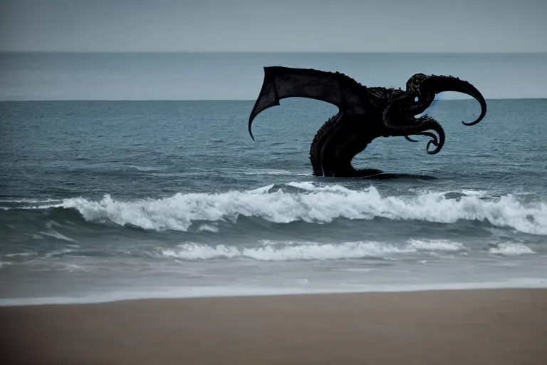 Prompt: cthulhu riding out of the ocean in Malibu morning natural light by Emmanuel Lubezki