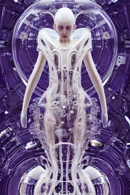 Image similar to background space station, baroque inflateble dress iris van herpen positing on floor, perfect symmetrical, full body shot, white helmet on face, inflateble shapes, wires, tubes, veins, jellyfish, white biomechanical details, wearing epic bionic implants, masterpiece, intricate, biopunk, vogue, highly detailed, artstation, concept art