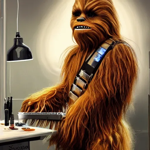 Prompt: chewbacca getting his hair cut at the barber, painting, 8k, artstation, hyperrealistic, extreme details